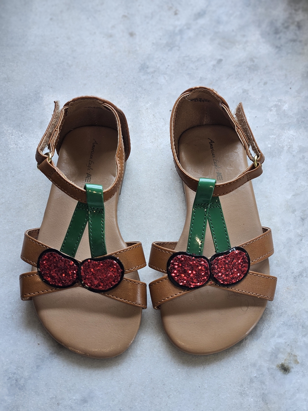 American Eagle Outfitters Brown Sandals with Red Glitter Cherry Accent